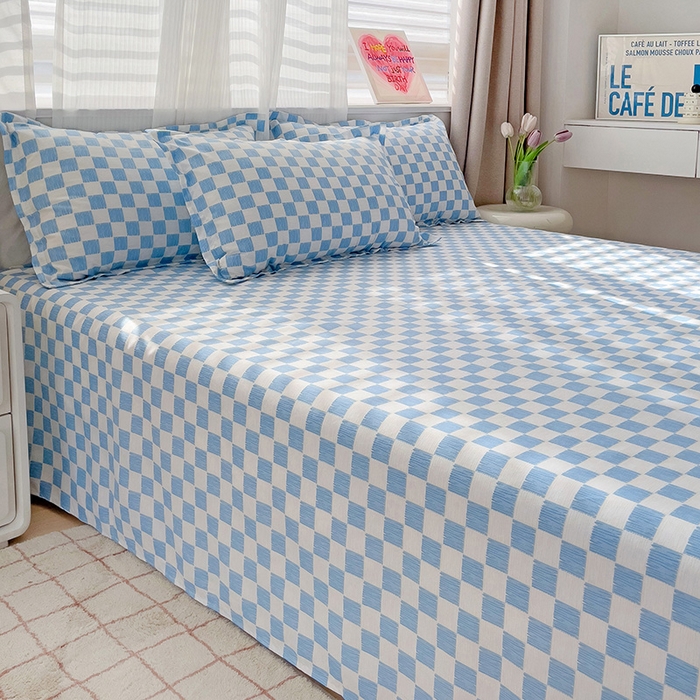 91家纺网 家纺一手货源 找家纺 楠沐家纺  2025年新款亲肤水洗棉芦荟棉印花床单系列 棋盘格-蓝