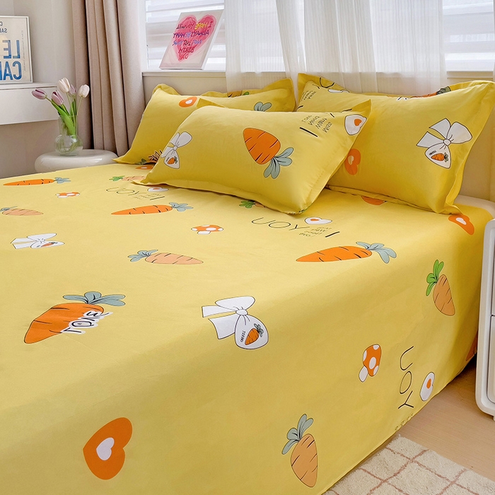 91家纺网 家纺一手货源 找家纺 楠沐家纺  2025年新款亲肤水洗棉芦荟棉印花床单系列 开心萝卜