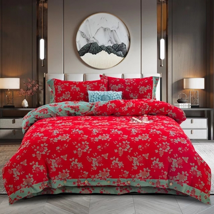 91家纺网 家纺一手货源 找家纺 双层纱家居 2024新款纽扣款四件套 春风十里红