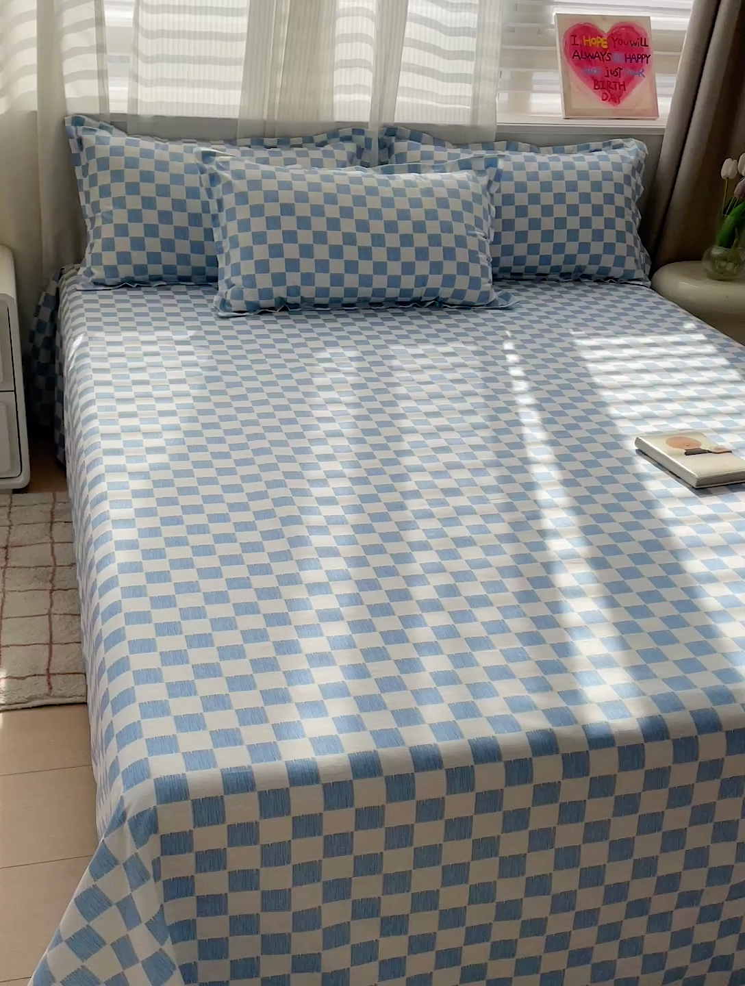 91家纺网 家纺一手货源 找家纺 楠沐家纺  2025年新款亲肤水洗棉芦荟棉印花床单系列 棋盘格-蓝