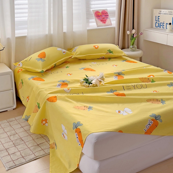 91家纺网 家纺一手货源 找家纺 楠沐家纺  2025年新款亲肤水洗棉芦荟棉印花床单系列 开心萝卜