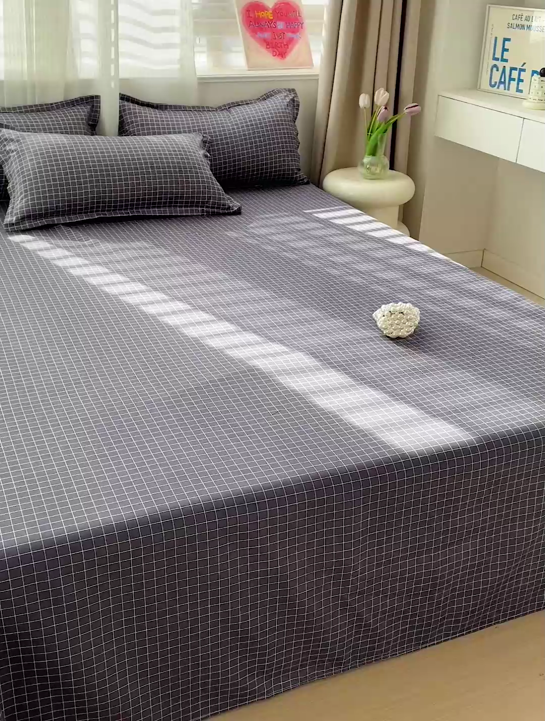 91家纺网 家纺一手货源 找家纺 楠沐家纺  2025年新款亲肤水洗棉芦荟棉印花床单系列 小黑格