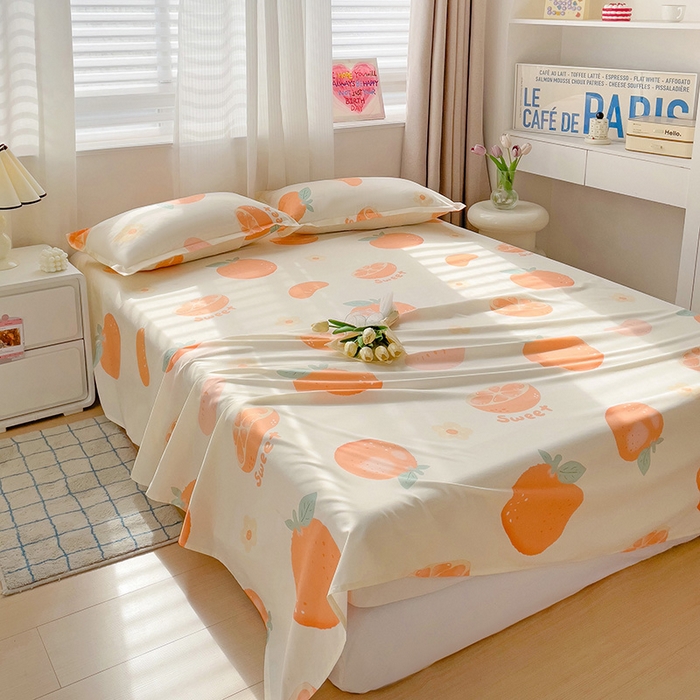 91家纺网 家纺一手货源 找家纺 楠沐家纺  2025年新款亲肤水洗棉芦荟棉印花床单系列 爱心橙