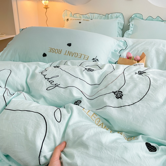 91家纺网 家纺一手货源 找家纺 AB家纺 2024新款水洗棉绣花四件套-唯一系列 唯一天水绿