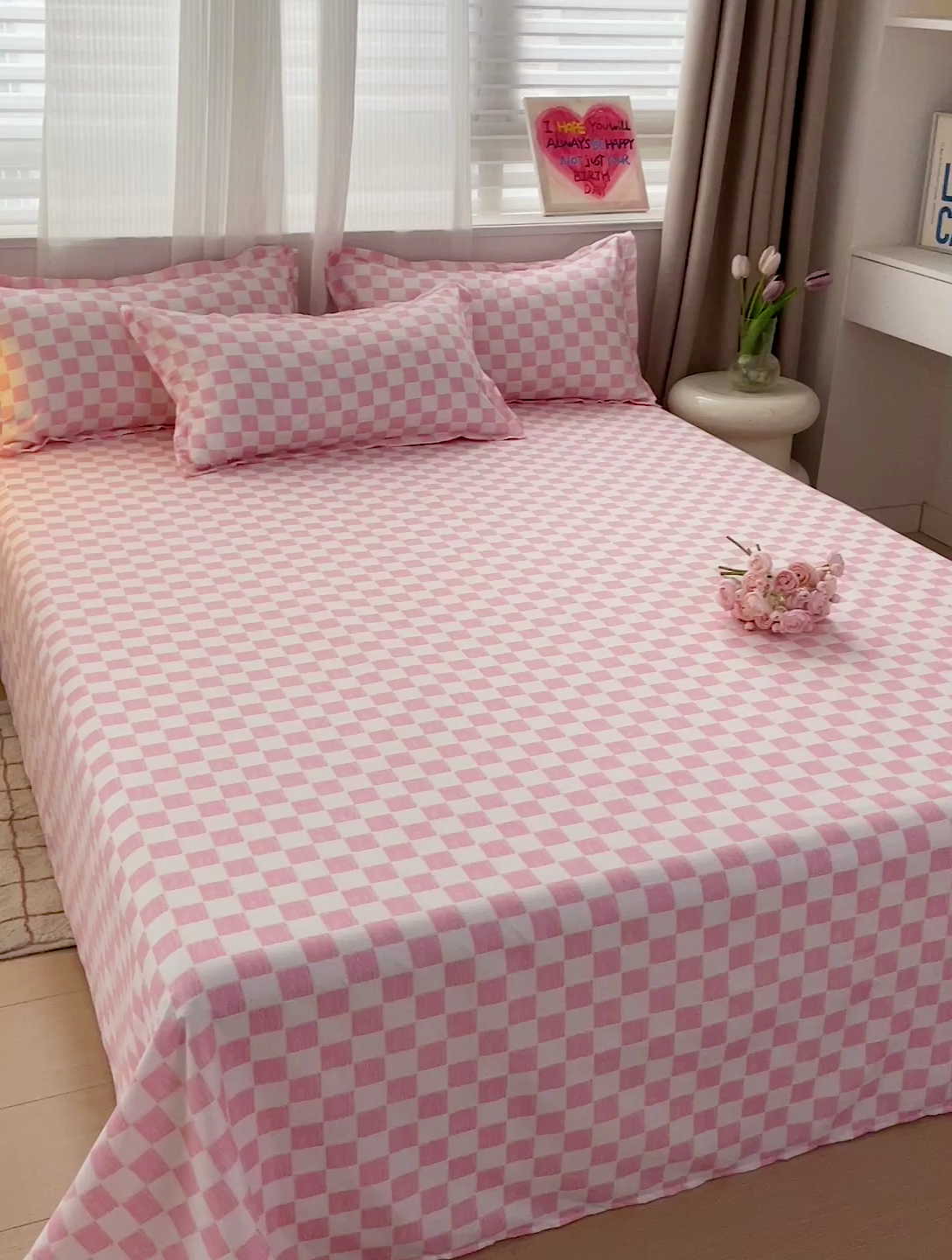 91家纺网 家纺一手货源 找家纺 楠沐家纺  2025年新款亲肤水洗棉芦荟棉印花床单系列 棋盘格-粉