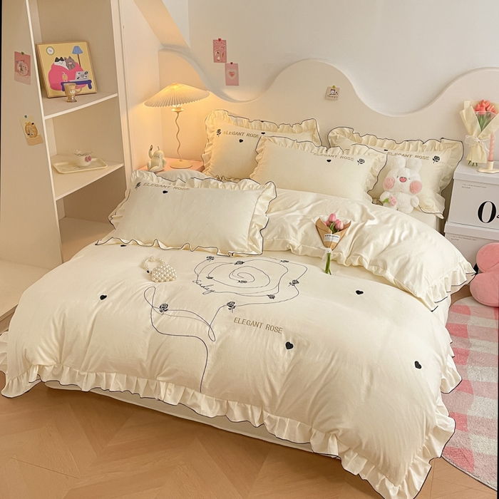 91家纺网 家纺一手货源 找家纺 AB家纺 2024新款水洗棉绣花四件套-唯一系列 唯一茶靡白