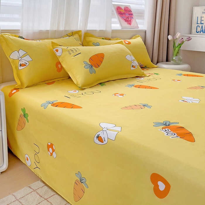 91家纺网 家纺一手货源 找家纺 楠沐家纺  2025年新款亲肤水洗棉芦荟棉印花床单系列 开心萝卜