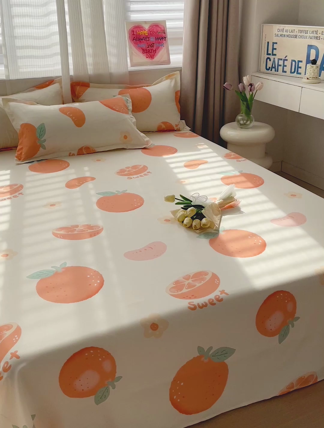 91家纺网 家纺一手货源 找家纺 楠沐家纺  2025年新款亲肤水洗棉芦荟棉印花床单系列 爱心橙