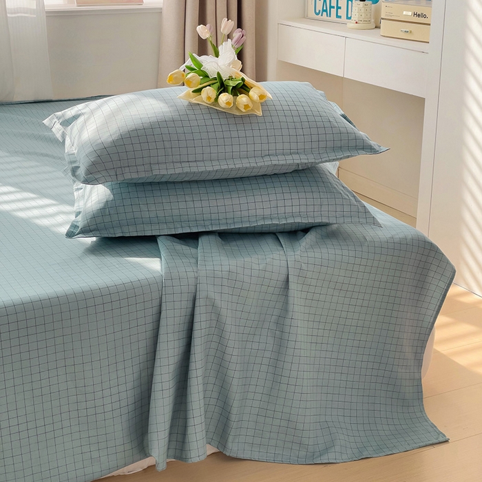 91家纺网 家纺一手货源 找家纺 楠沐家纺  2025年新款亲肤水洗棉芦荟棉印花床单系列 蓝格