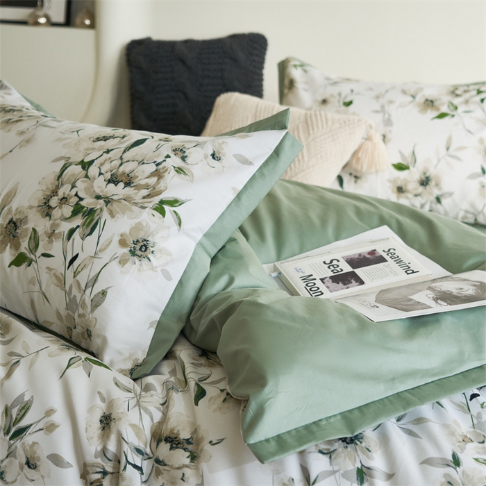 91家纺网 家纺一手货源 找家纺 橙艺家居 2024新款全棉臻品柔棉立体小宽边四件套 云苓-绿