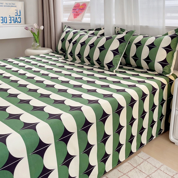 91家纺网 家纺一手货源 找家纺 楠沐家纺  2025年新款亲肤水洗棉芦荟棉印花床单系列 大西洋-绿