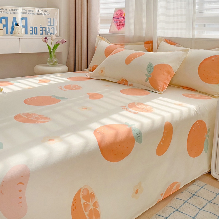 91家纺网 家纺一手货源 找家纺 楠沐家纺  2025年新款亲肤水洗棉芦荟棉印花床单系列 爱心橙
