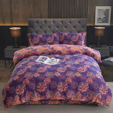 91家纺网 家纺一手货源 找家纺 双层纱家居 2024新款纽扣款四件套 花开富贵紫