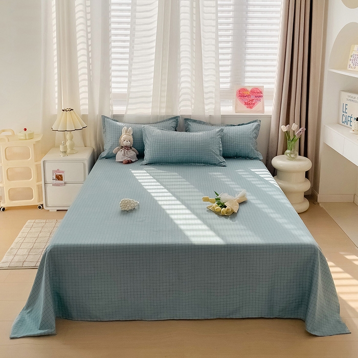 91家纺网 家纺一手货源 找家纺 楠沐家纺  2025年新款亲肤水洗棉芦荟棉印花床单系列 蓝格