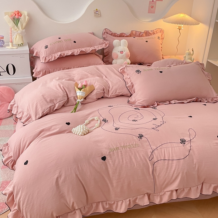 91家纺网 家纺一手货源 找家纺 AB家纺 2024新款水洗棉绣花四件套-唯一系列 唯一苏芳粉