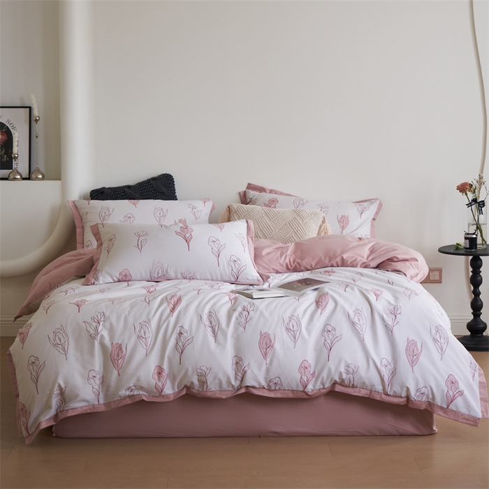 91家纺网 家纺一手货源 找家纺 橙艺家居 2024新款全棉臻品柔棉立体小宽边四件套 采薇-粉