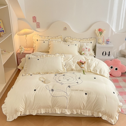 91家纺网 家纺一手货源 找家纺 AB家纺 2024新款水洗棉绣花四件套-唯一系列 唯一茶靡白