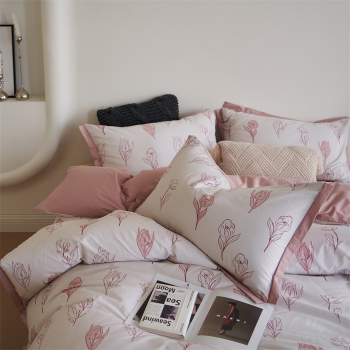 91家纺网 家纺一手货源 找家纺 橙艺家居 2024新款全棉臻品柔棉立体小宽边四件套 采薇-粉