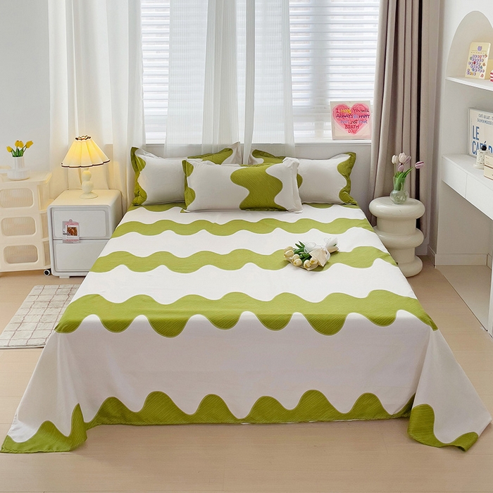 91家纺网 家纺一手货源 找家纺 楠沐家纺  2025年新款亲肤水洗棉芦荟棉印花床单系列 波浪纹-绿