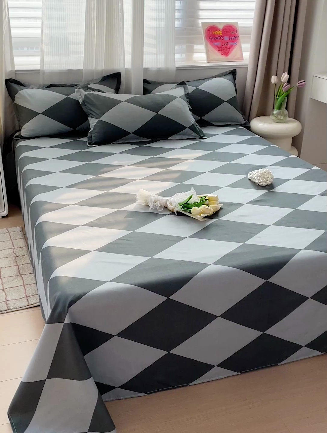 91家纺网 家纺一手货源 找家纺 楠沐家纺  2025年新款亲肤水洗棉芦荟棉印花床单系列 菱格灰