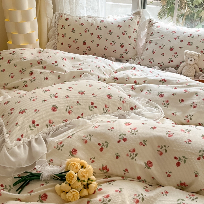 91家纺网 家纺一手货源 找家纺 慕澄 2024新款时尚印花泡泡棉花边四件套 安妮