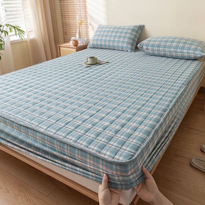 91家纺网 家纺一手货源 找家纺 ab家纺 2024新款色织全棉夹棉床笠 印象-蓝