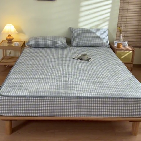 91家纺网 家纺一手货源 找家纺 ab家纺 2024新款色织全棉夹棉床笠 未央-灰