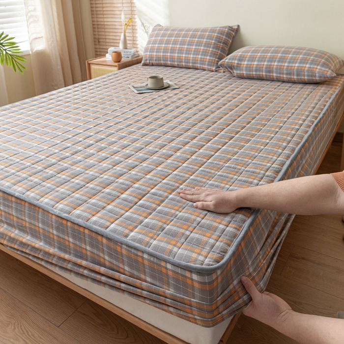 91家纺网 家纺一手货源 找家纺 ab家纺 2024新款色织全棉夹棉床笠 映像-灰