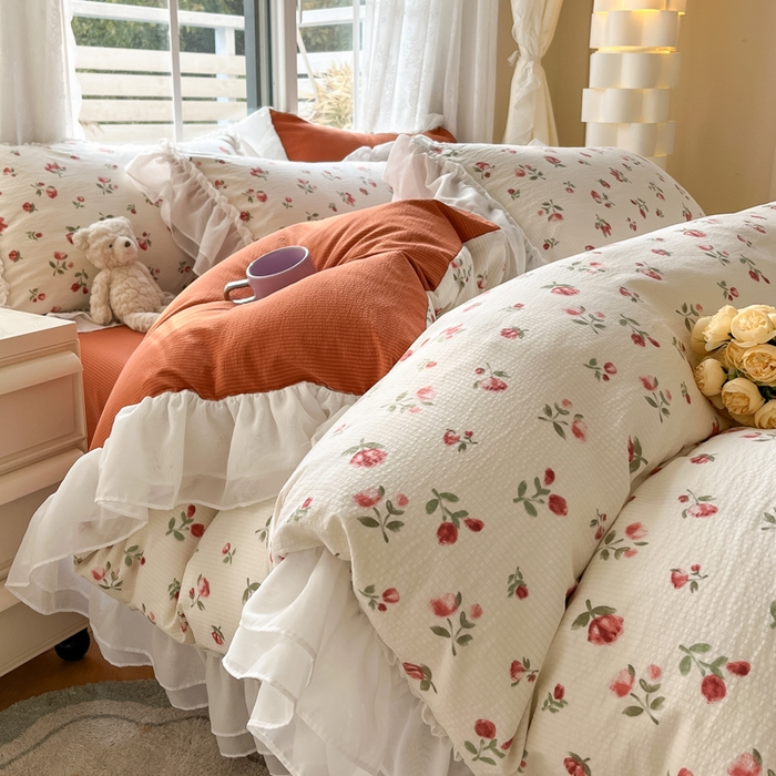 91家纺网 家纺一手货源 找家纺 慕澄 2024新款时尚印花泡泡棉花边四件套 安妮