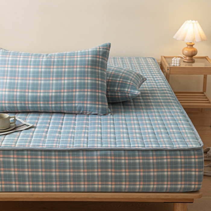 91家纺网 家纺一手货源 找家纺 ab家纺 2024新款色织全棉夹棉床笠 印象-蓝