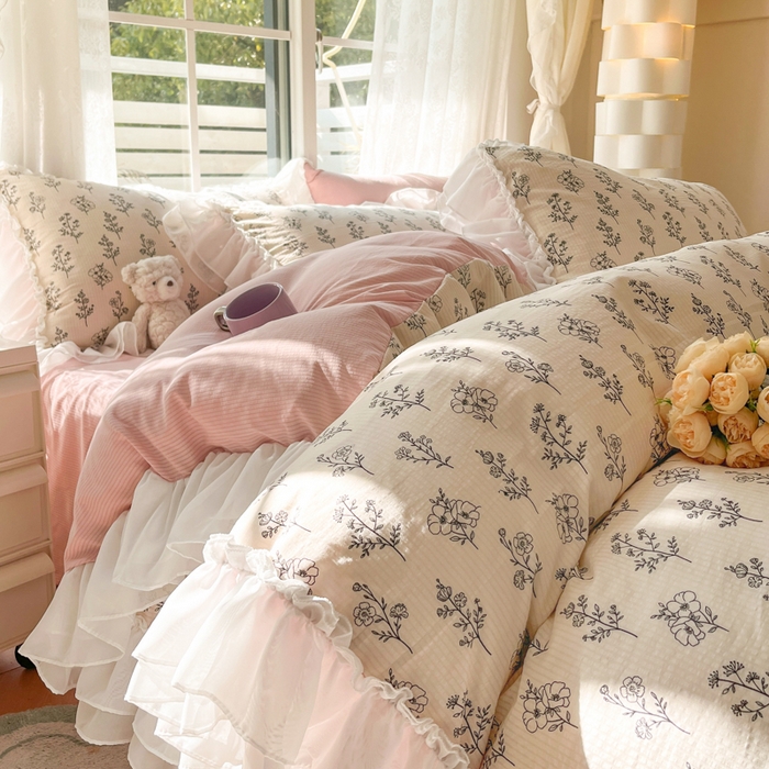 91家纺网 家纺一手货源 找家纺 慕澄 2024新款时尚印花泡泡棉花边四件套 叶苏