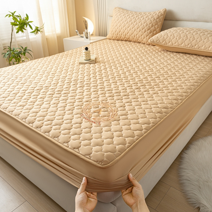 91家纺网 家纺一手货源 找家纺 卡伦 2025新款夹棉床笠烫画系列 皇冠-驼