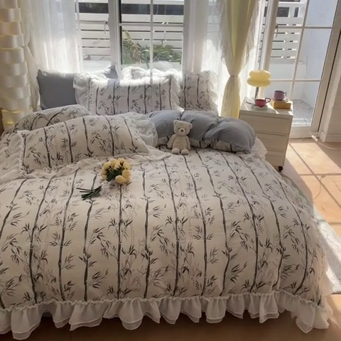 91家纺网 家纺一手货源 找家纺 慕澄 2024新款时尚印花泡泡棉花边四件套 竹影