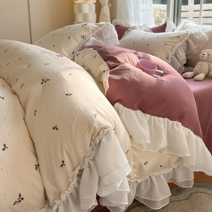 91家纺网 家纺一手货源 找家纺 慕澄 2024新款时尚印花泡泡棉花边四件套 小淘气