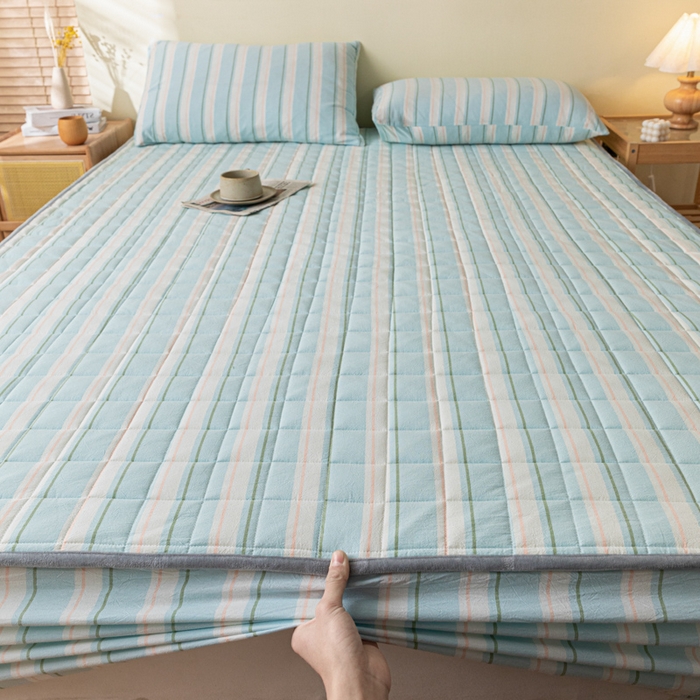 91家纺网 家纺一手货源 找家纺 ab家纺 2024新款色织全棉夹棉床笠 左岸-蓝