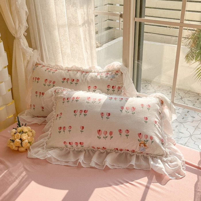 91家纺网 家纺一手货源 找家纺 慕澄 2024新款时尚印花泡泡棉花边四件套 伊梦