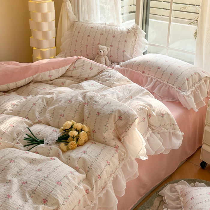 91家纺网 家纺一手货源 找家纺 慕澄 2024新款时尚印花泡泡棉花边四件套 沐歌