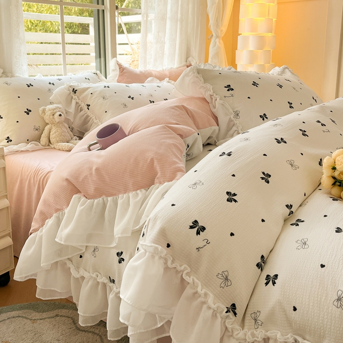 91家纺网 家纺一手货源 找家纺 慕澄 2024新款时尚印花泡泡棉花边四件套 蝴蝶结