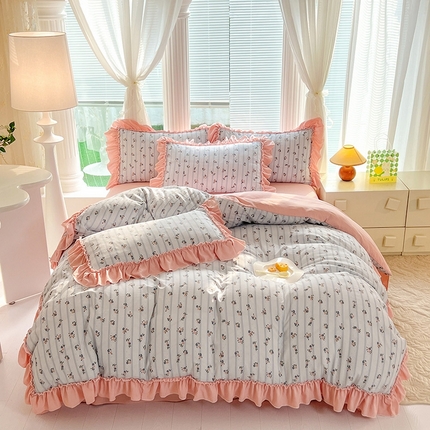 91家纺网 家纺一手货源 找家纺 慕梵家居 2024新款泡泡纱花边款四件套 花边款-蝴蝶结