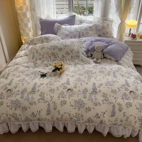 91家纺网 家纺一手货源 找家纺 慕澄 2024新款时尚印花泡泡棉花边四件套 甜小兔