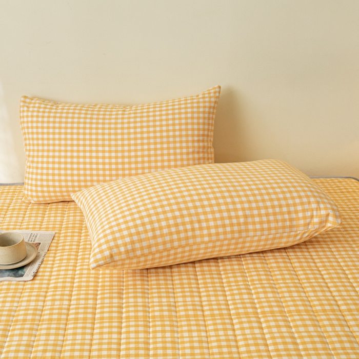 91家纺网 家纺一手货源 找家纺 ab家纺 2024新款色织全棉夹棉床笠 小格-黄