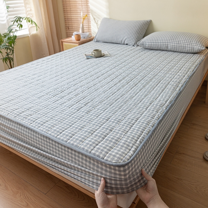 91家纺网 家纺一手货源 找家纺 ab家纺 2024新款色织全棉夹棉床笠 未央-灰