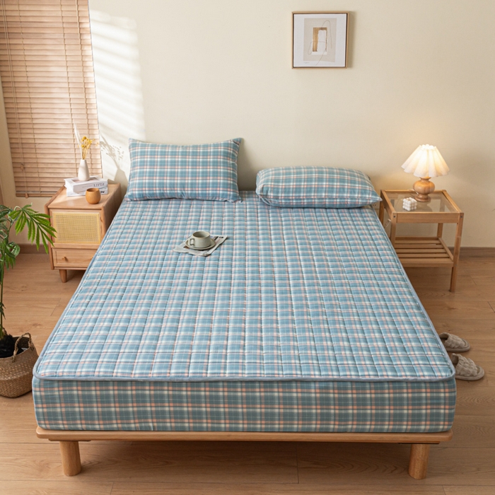 91家纺网 家纺一手货源 找家纺 ab家纺 2024新款色织全棉夹棉床笠 印象-蓝