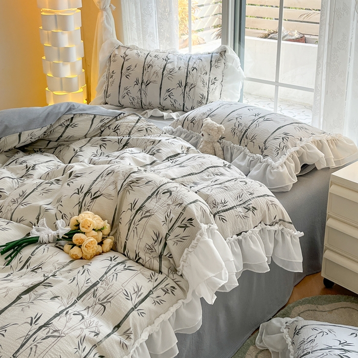 91家纺网 家纺一手货源 找家纺 慕澄 2024新款时尚印花泡泡棉花边四件套 竹影