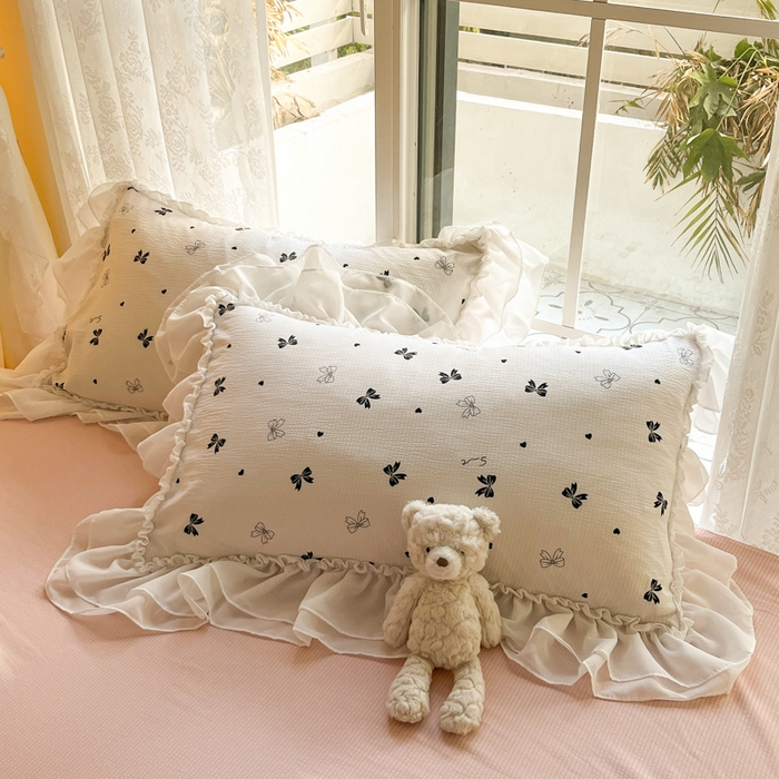 91家纺网 家纺一手货源 找家纺 慕澄 2024新款时尚印花泡泡棉花边四件套 蝴蝶结