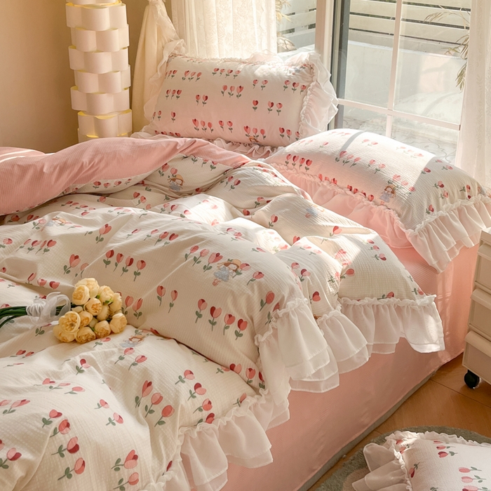 91家纺网 家纺一手货源 找家纺 慕澄 2024新款时尚印花泡泡棉花边四件套 伊梦