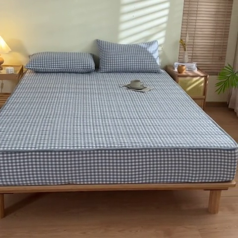 91家纺网 家纺一手货源 找家纺 ab家纺 2024新款色织全棉夹棉床笠 小格-蓝