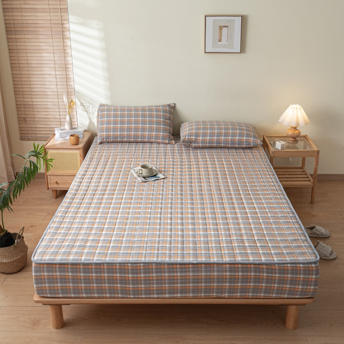 91家纺网 家纺一手货源 找家纺 ab家纺 2024新款色织全棉夹棉床笠 映像-灰