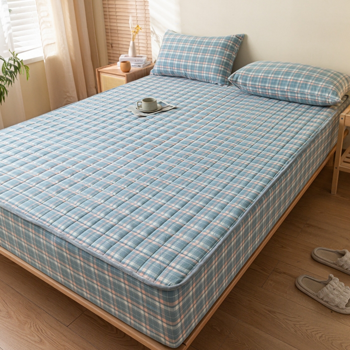 91家纺网 家纺一手货源 找家纺 ab家纺 2024新款色织全棉夹棉床笠 印象-蓝