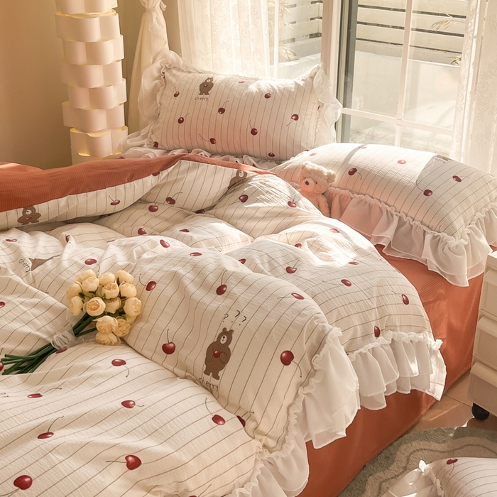 91家纺网 家纺一手货源 找家纺 慕澄 2024新款时尚印花泡泡棉花边四件套 车厘子